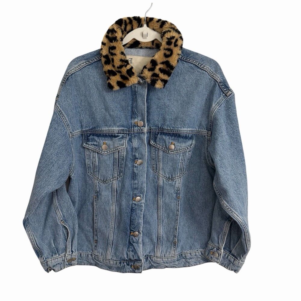 Pilcro The Weston Denim Boyfriend Jacket Small  Blue Leopard Collar Edition